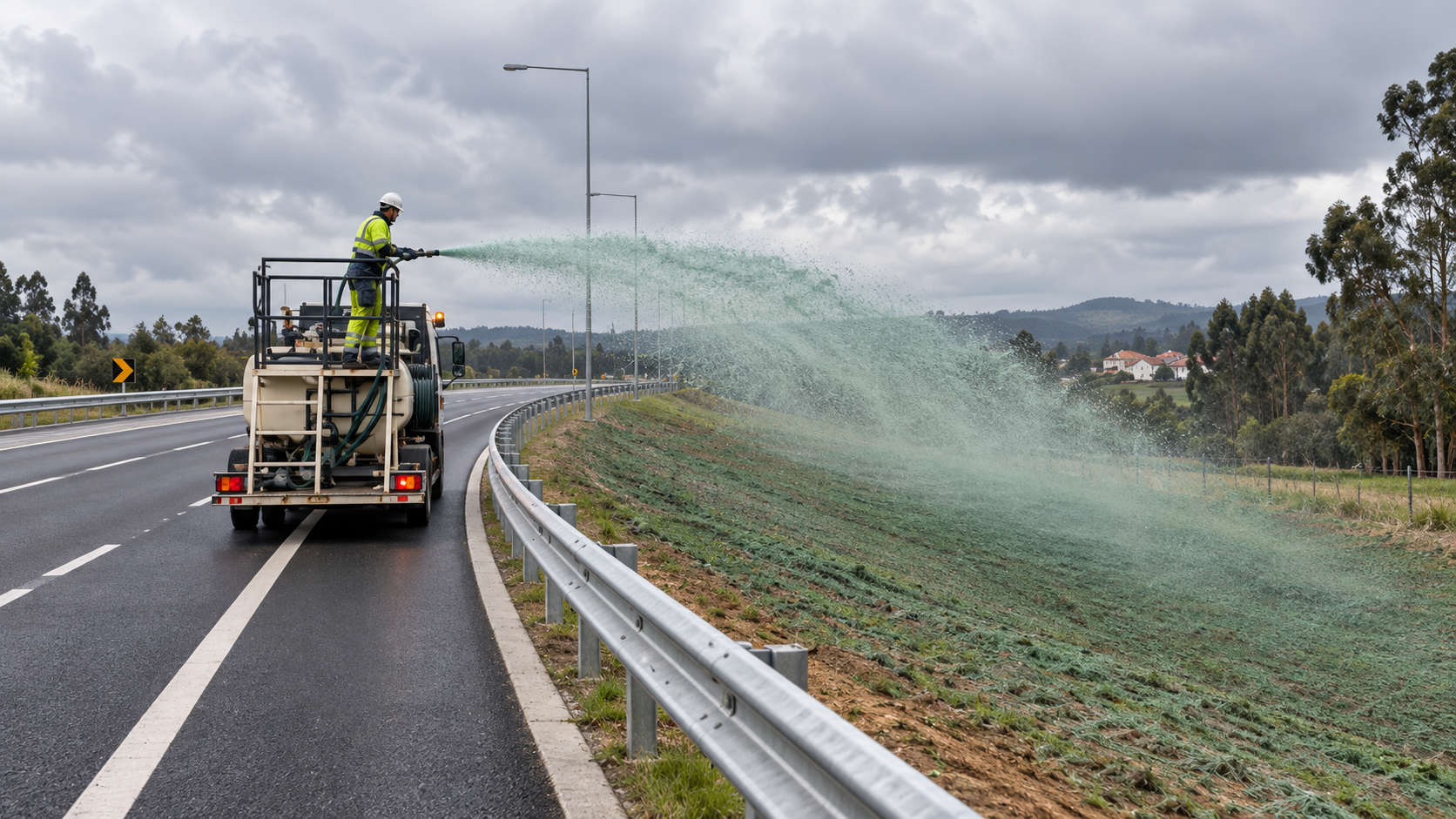 Camião a aplicar hidrossementeira numa berma de estrada