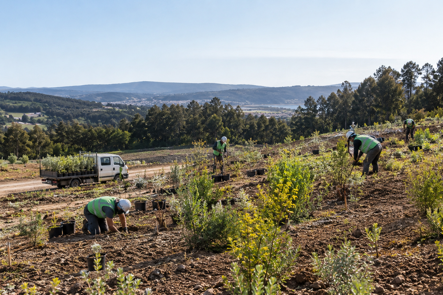 Equipa a plantar espécies autóctones numa encosta