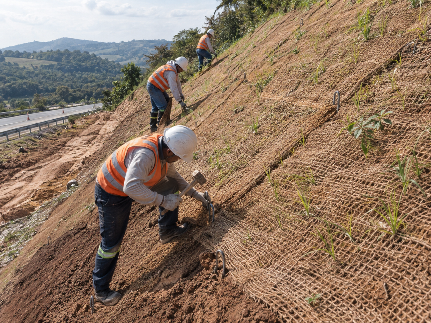 Equipa a instalar tela de coco e ancoragem num talude, com plantação já a brotar